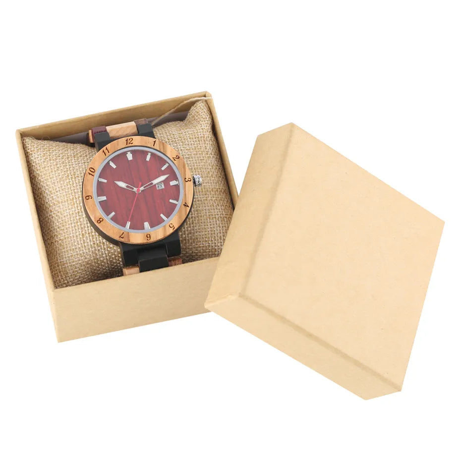 FBA Men's Natural Wood Quartz Watch | Calendar Display Wooden Wristwatch