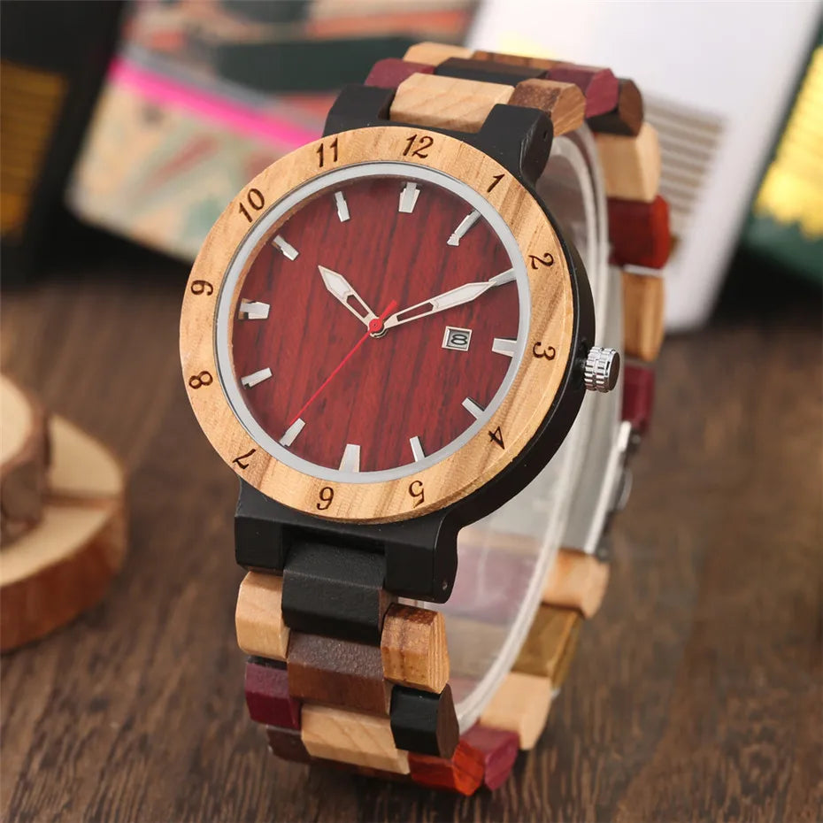 FBA Men's Natural Wood Quartz Watch | Calendar Display Wooden Wristwatch