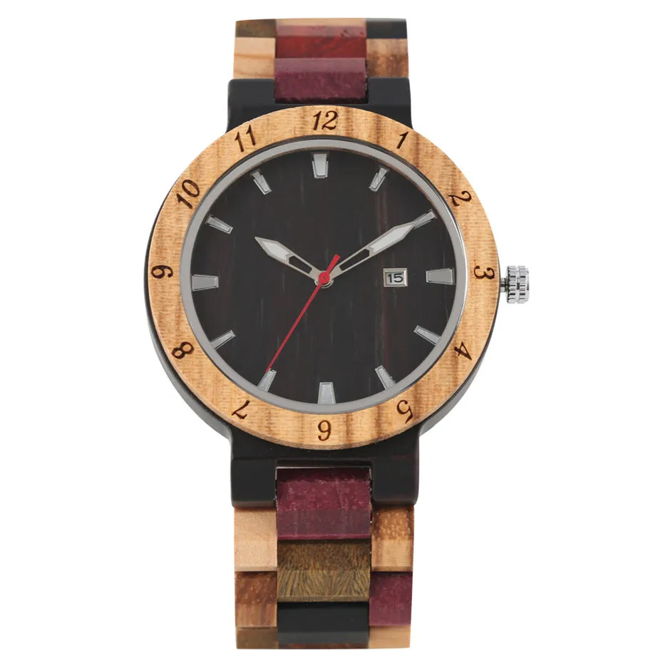 FBA Men's Natural Wood Quartz Watch | Calendar Display Wooden Wristwatch