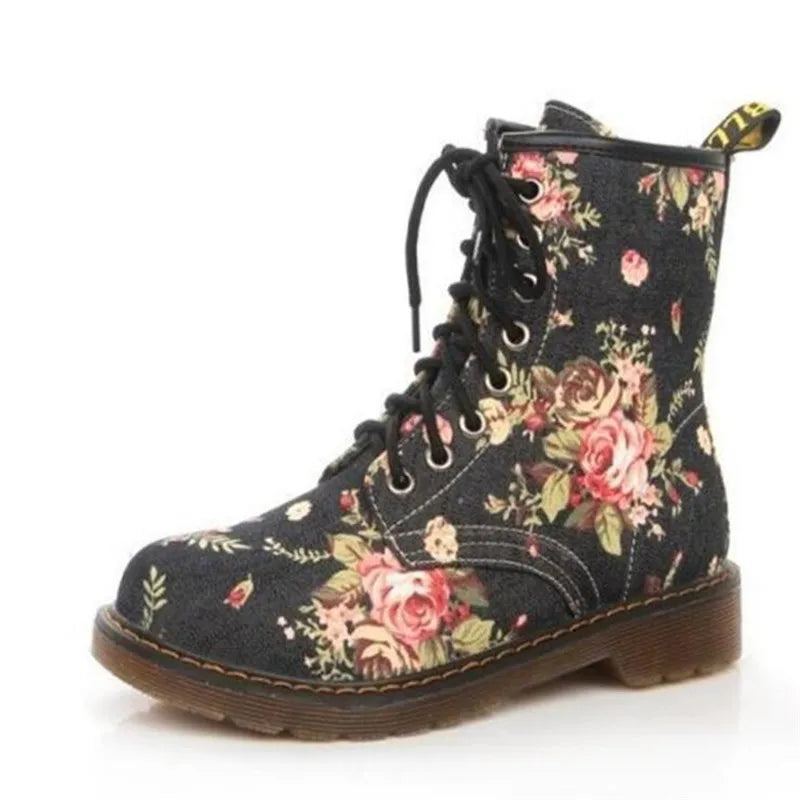 Women's Floral Print Canvas Lace-Up Ankle Boot