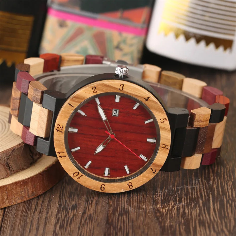 FBA Men's Natural Wood Quartz Watch | Calendar Display Wooden Wristwatch