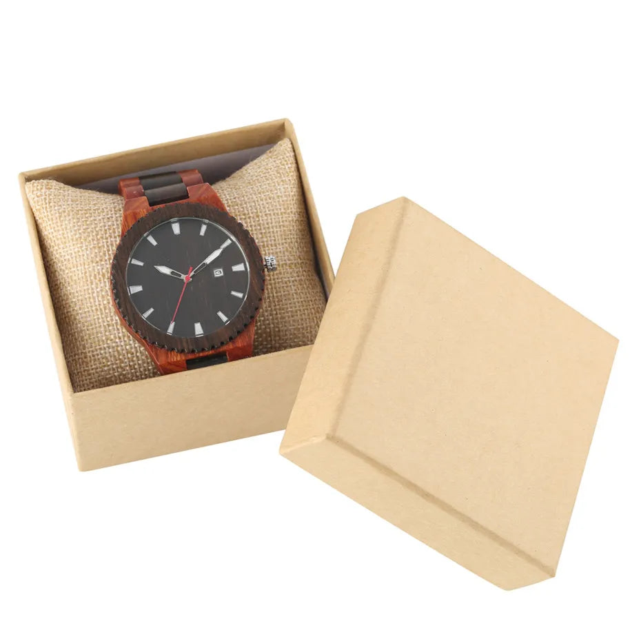 FBA Men's Natural Wood Quartz Watch | Calendar Display Wooden Wristwatch