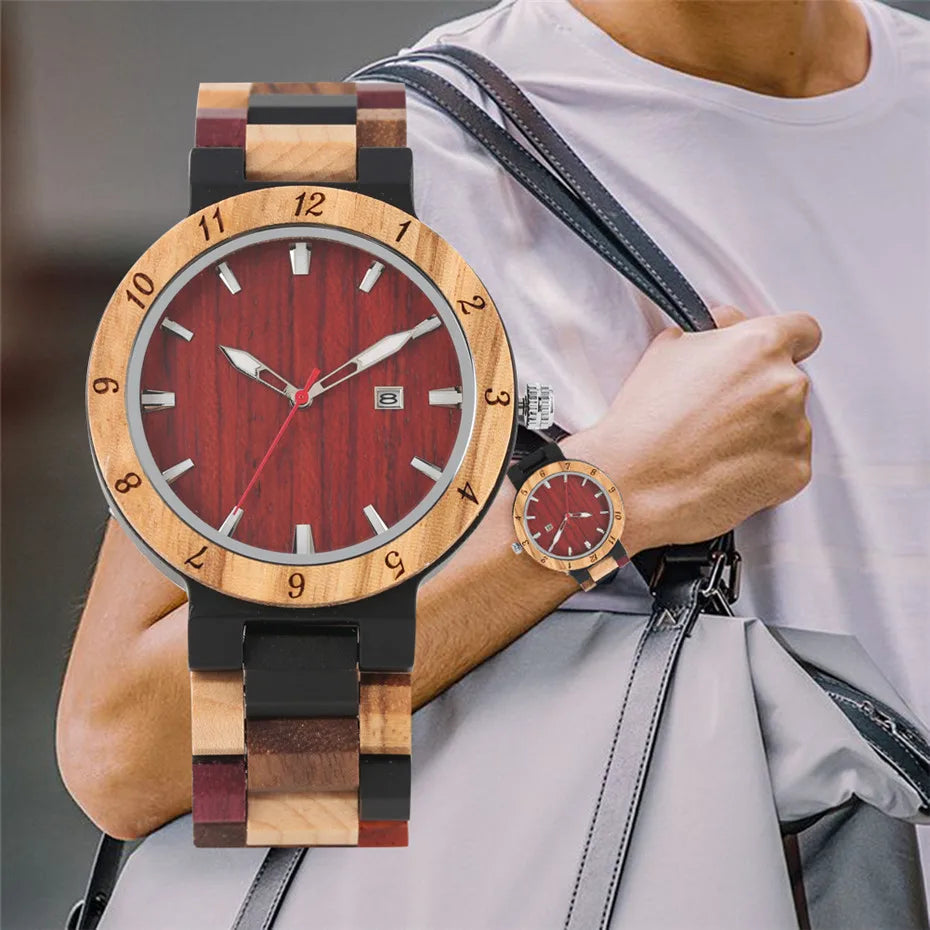 FBA Men's Natural Wood Quartz Watch | Calendar Display Wooden Wristwatch
