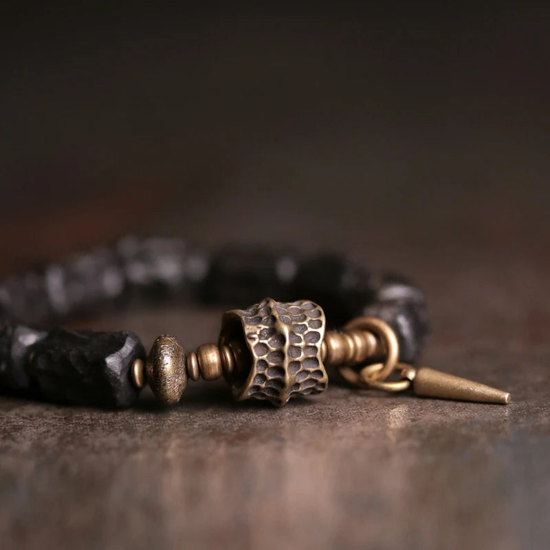 FBA Handcarved Ebony Bead Punk Rock Bracelet | Brass Charm Jewelry