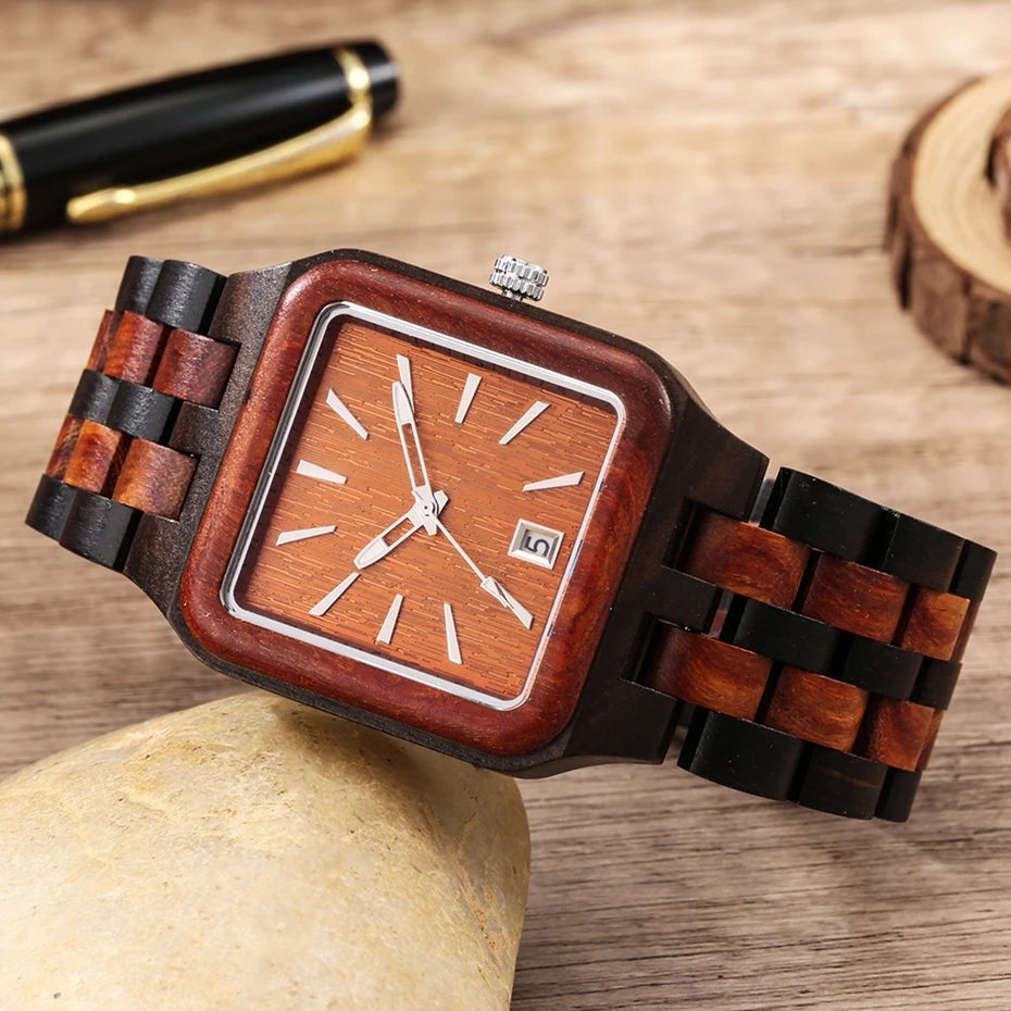 FBA Men's Retro Rectangle Wood Watch | Calendar Date Quartz Wristwatch