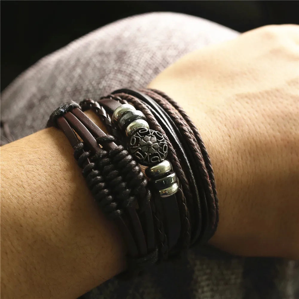 FBA 3-Piece Leather Wood Bead Feather Charm Bracelet | Boho Jewelry