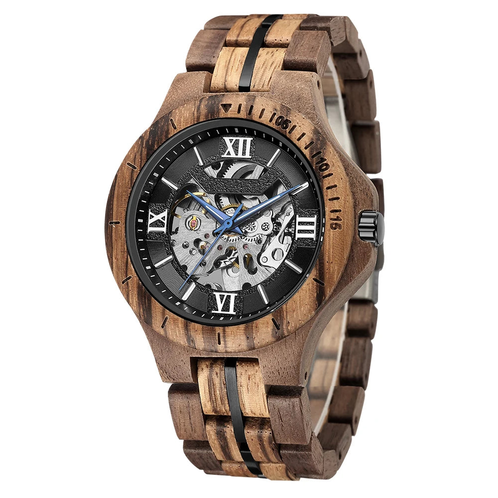 FBA Men's Skeleton Mechanical Wood Watch | Automatic Luxury Wooden Wristwatch