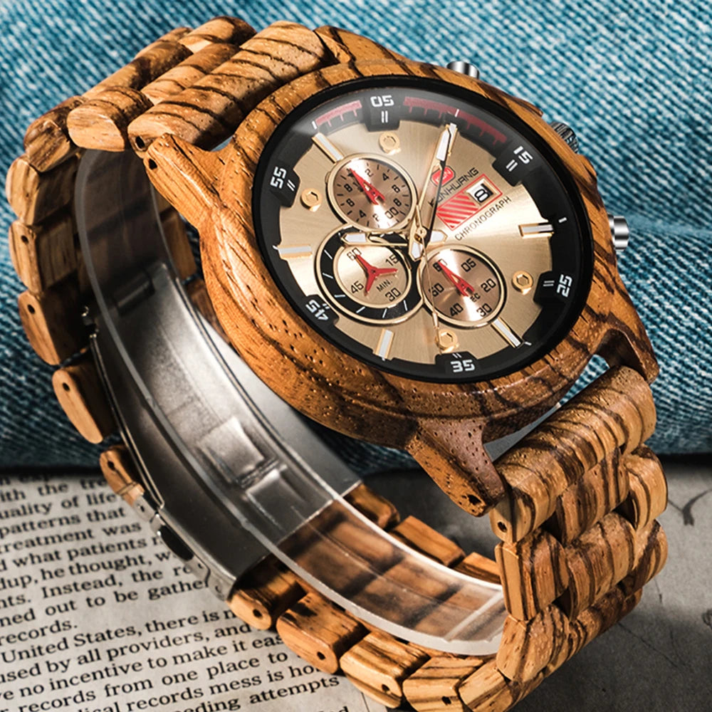 FBA Men's Sport Military Chronograph Wood Watch | Luxury Quartz Wristwatch