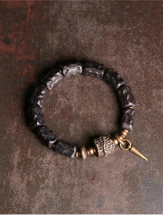FBA Handcarved Ebony Bead Punk Rock Bracelet | Brass Charm Jewelry