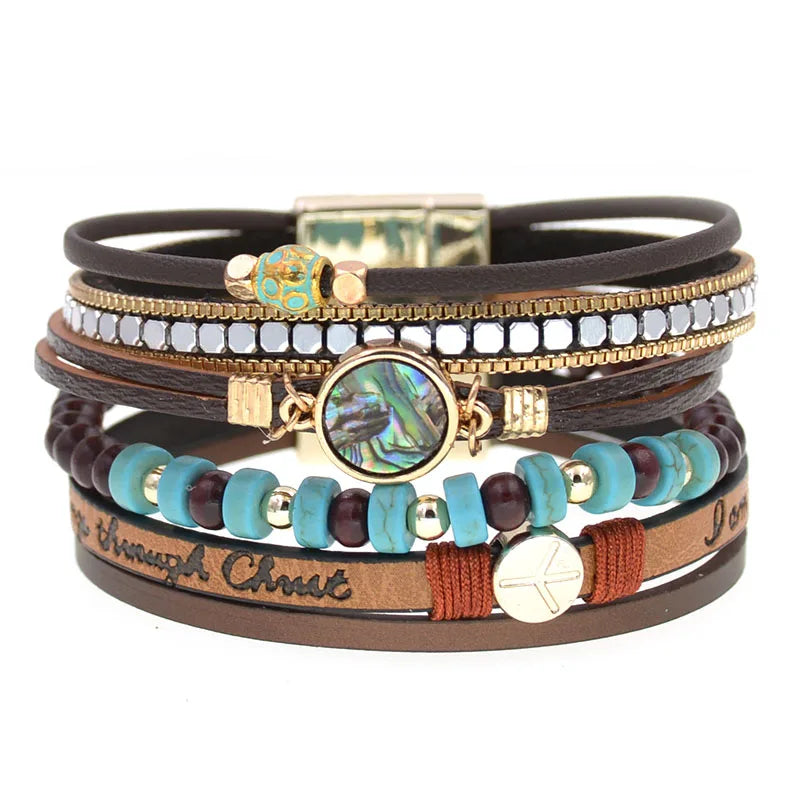 FBA Bohemia Beaded Leather Charm Bracelet for Women | Wide Bangle Jewelry