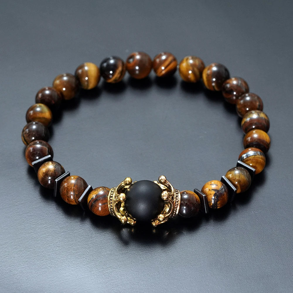 FBA Tiger Eye Stone Crown Charm Bracelet for Men | Luxury Jewelry