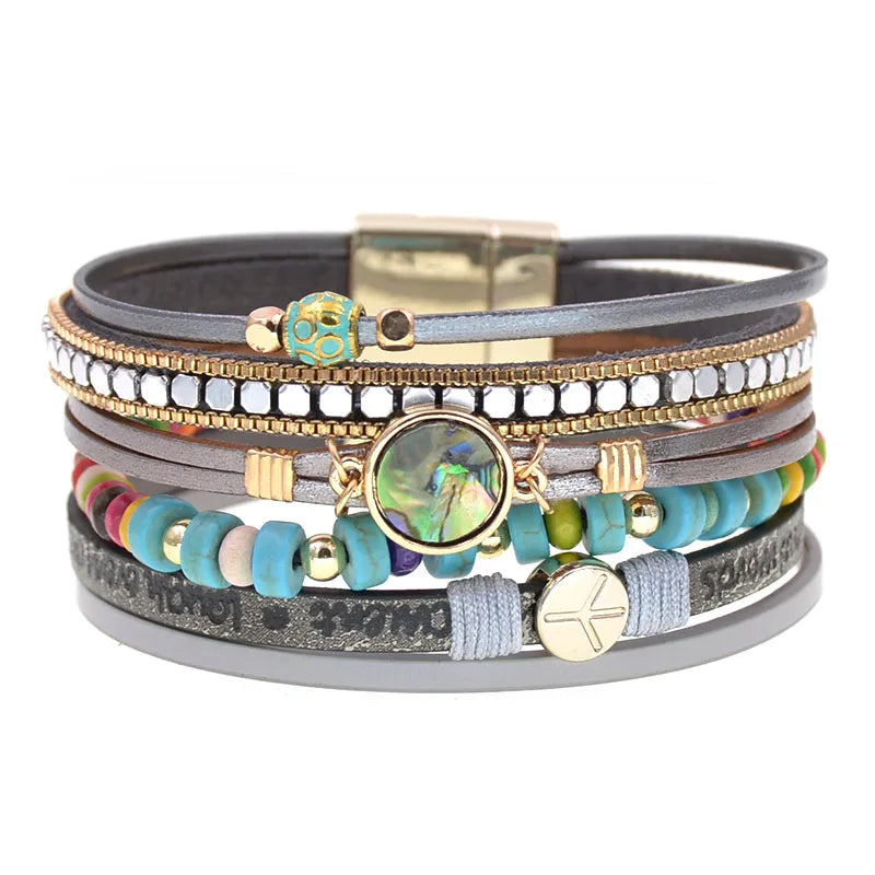 FBA Bohemia Beaded Leather Charm Bracelet for Women | Wide Bangle Jewelry