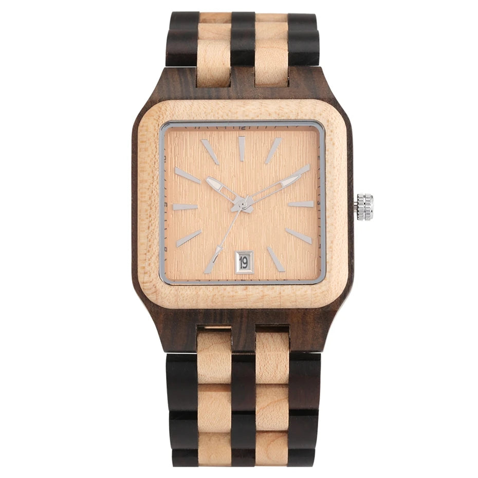 FBA Men's Retro Rectangle Wood Watch | Calendar Date Quartz Wristwatch