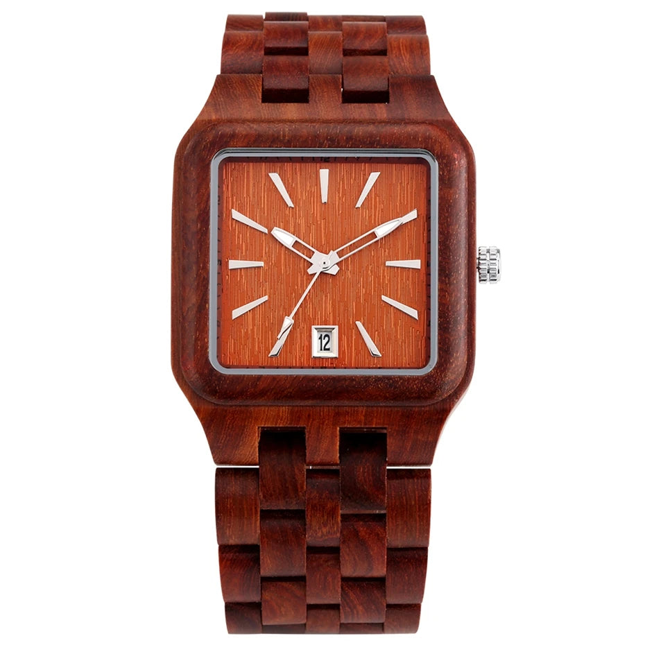 FBA Men's Retro Rectangle Wood Watch | Calendar Date Quartz Wristwatch