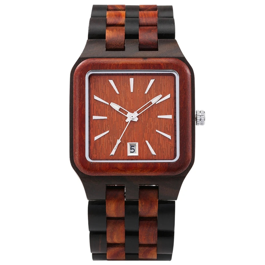 FBA Men's Retro Rectangle Wood Watch | Calendar Date Quartz Wristwatch