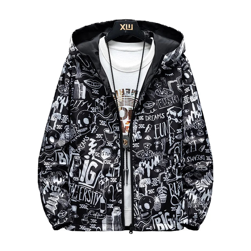 Men's Graffiti Print Reversible Windbreaker Jacket – Streetwear Hoodie | 4 Colors | M–5XL | FBA Vibes