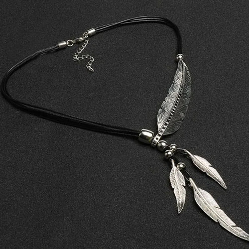 FBA Bohemian Feather Pendant Necklace | Vintage Rope Chain Jewelry