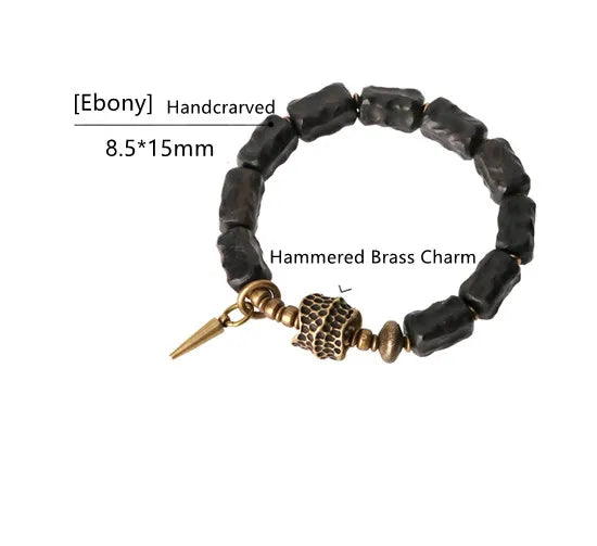 FBA Handcarved Ebony Bead Punk Rock Bracelet | Brass Charm Jewelry