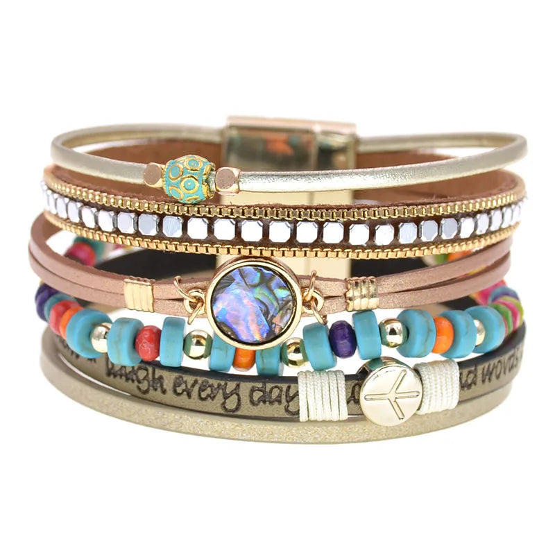 FBA Bohemia Beaded Leather Charm Bracelet for Women | Wide Bangle Jewelry