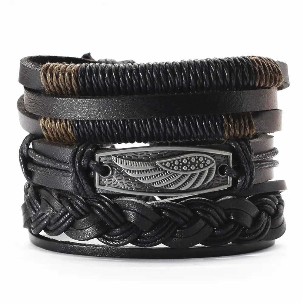FBA 3-Piece Leather Wood Bead Feather Charm Bracelet | Boho Jewelry