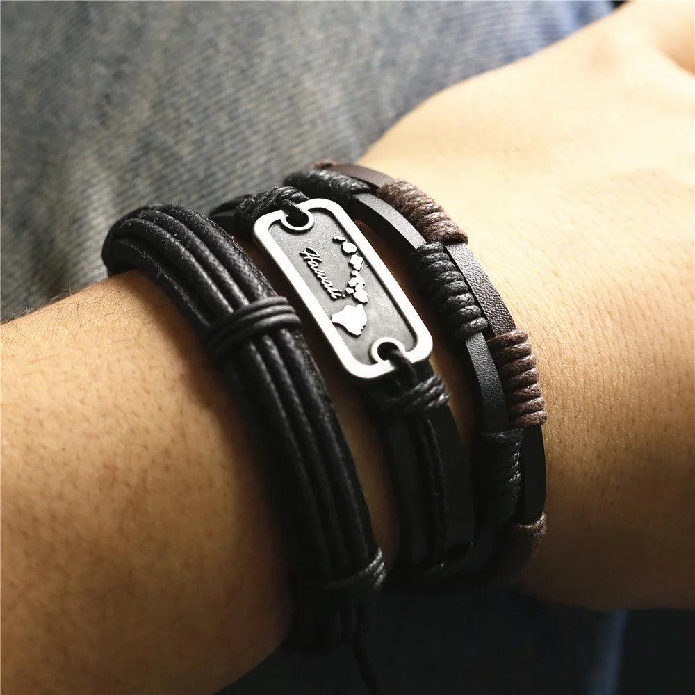 FBA 3-Piece Leather Wood Bead Feather Charm Bracelet | Boho Jewelry