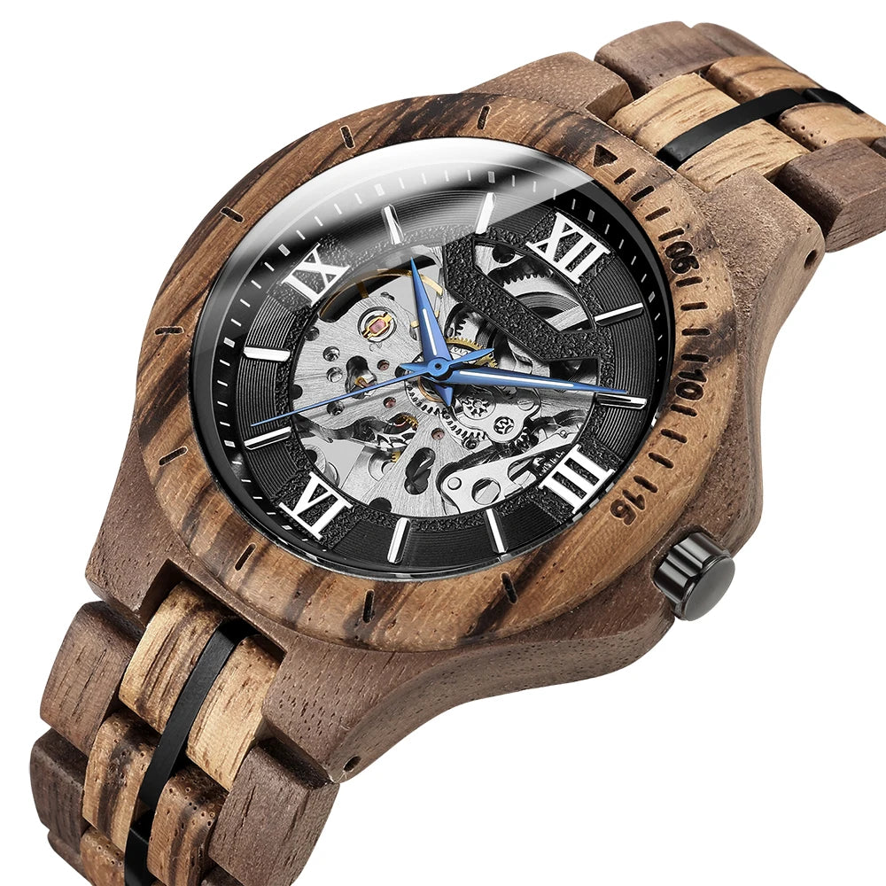 FBA Men's Skeleton Mechanical Wood Watch | Automatic Luxury Wooden Wristwatch
