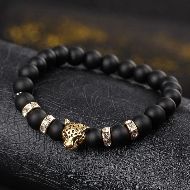 FBA Lava Stone Leopard Panther Charm Bracelet | Men's Jewelry