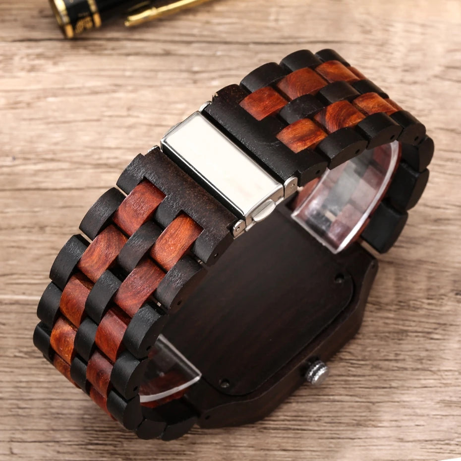 FBA Men's Retro Rectangle Wood Watch | Calendar Date Quartz Wristwatch