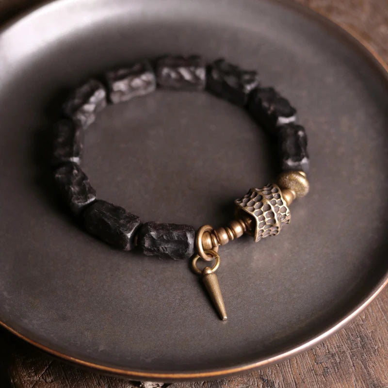 FBA Handcarved Ebony Bead Punk Rock Bracelet | Brass Charm Jewelry