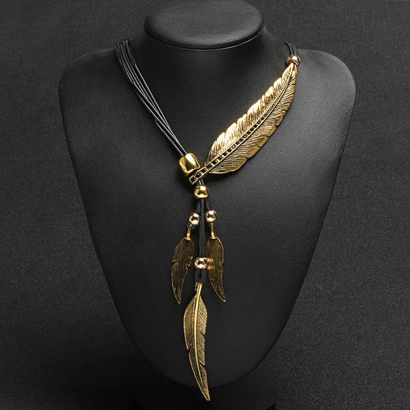 FBA Bohemian Feather Pendant Necklace | Vintage Rope Chain Jewelry