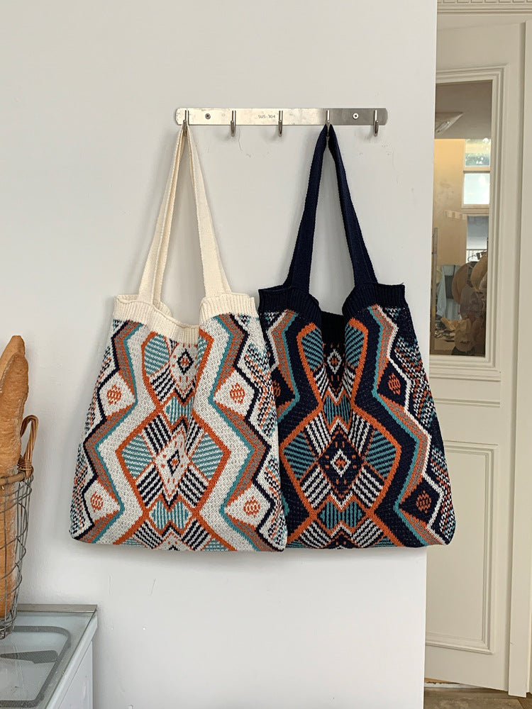 Knitted Color Block Woven Tote Bag for Women – Large Capacity Beach & Shopping Shoulder Bag