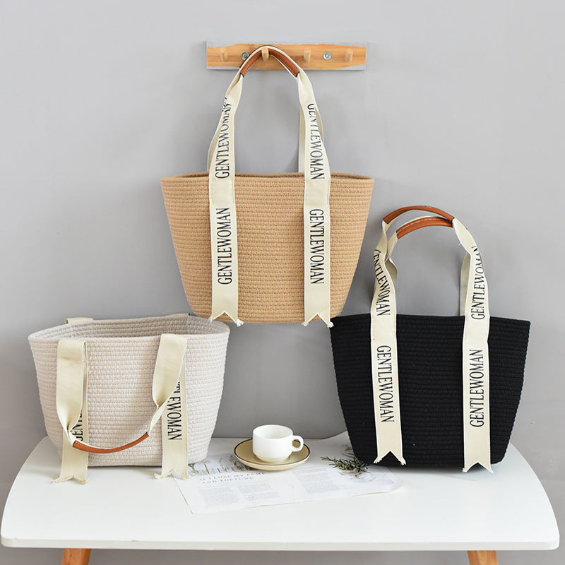 Urban Simple Letter Woven Cotton Tote Bag – Large Capacity Summer Beach Bag for Women
