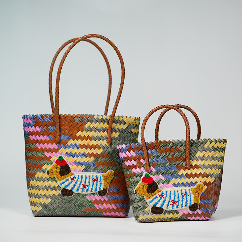 Dachshund Woven Rattan Basket Bag – Portable Commuter Beach Bag in Bamboo & Braided Styles