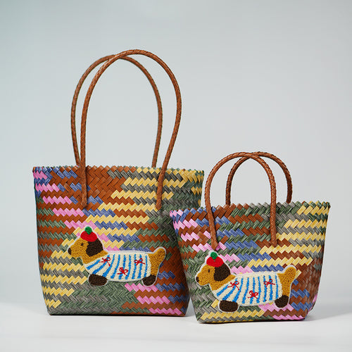 Dachshund Woven Rattan Basket Bag – Portable Commuter Beach Bag in Bamboo & Braided Styles