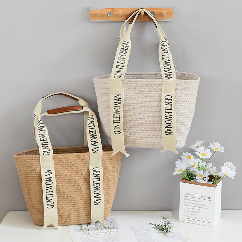 Urban Simple Letter Woven Cotton Tote Bag – Large Capacity Summer Beach Bag for Women