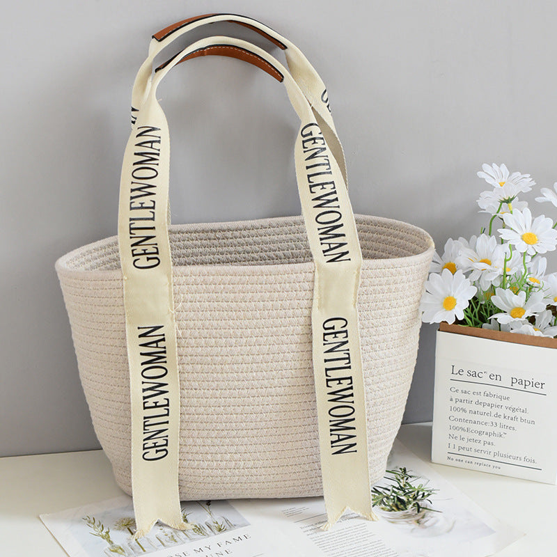 Urban Simple Letter Woven Cotton Tote Bag – Large Capacity Summer Beach Bag for Women
