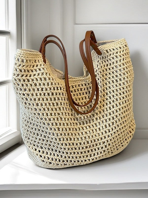 Hand-Woven Cotton Thread Shoulder Bag – Large Capacity Cut-Out Beach Handbag