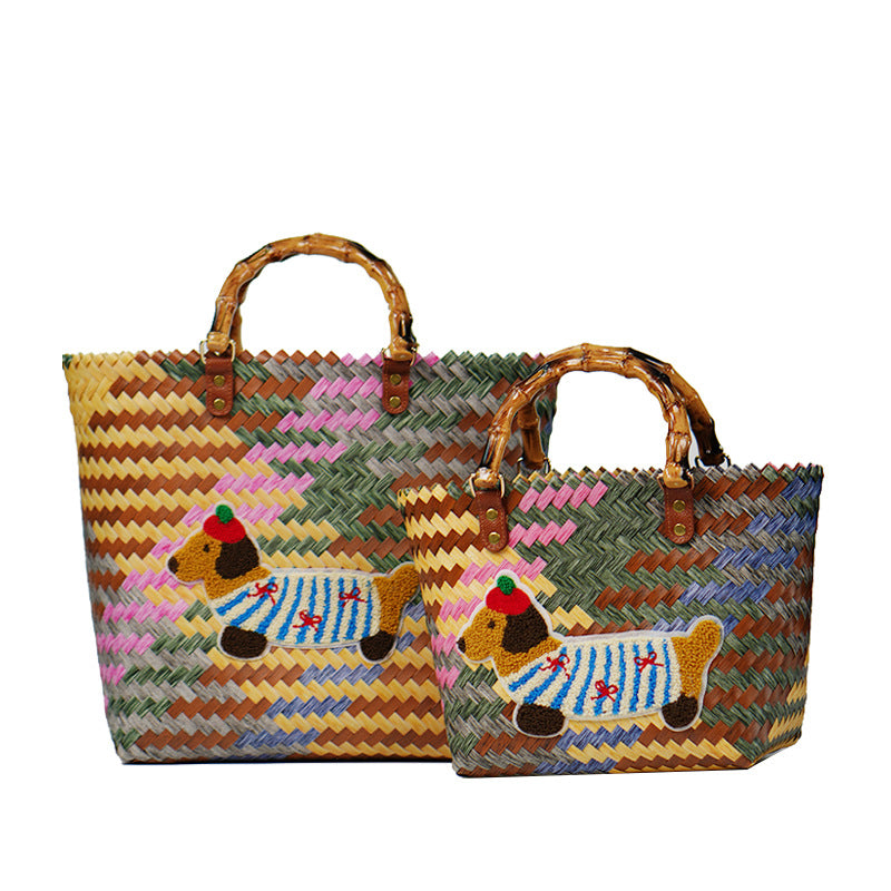 Dachshund Woven Rattan Basket Bag – Portable Commuter Beach Bag in Bamboo & Braided Styles