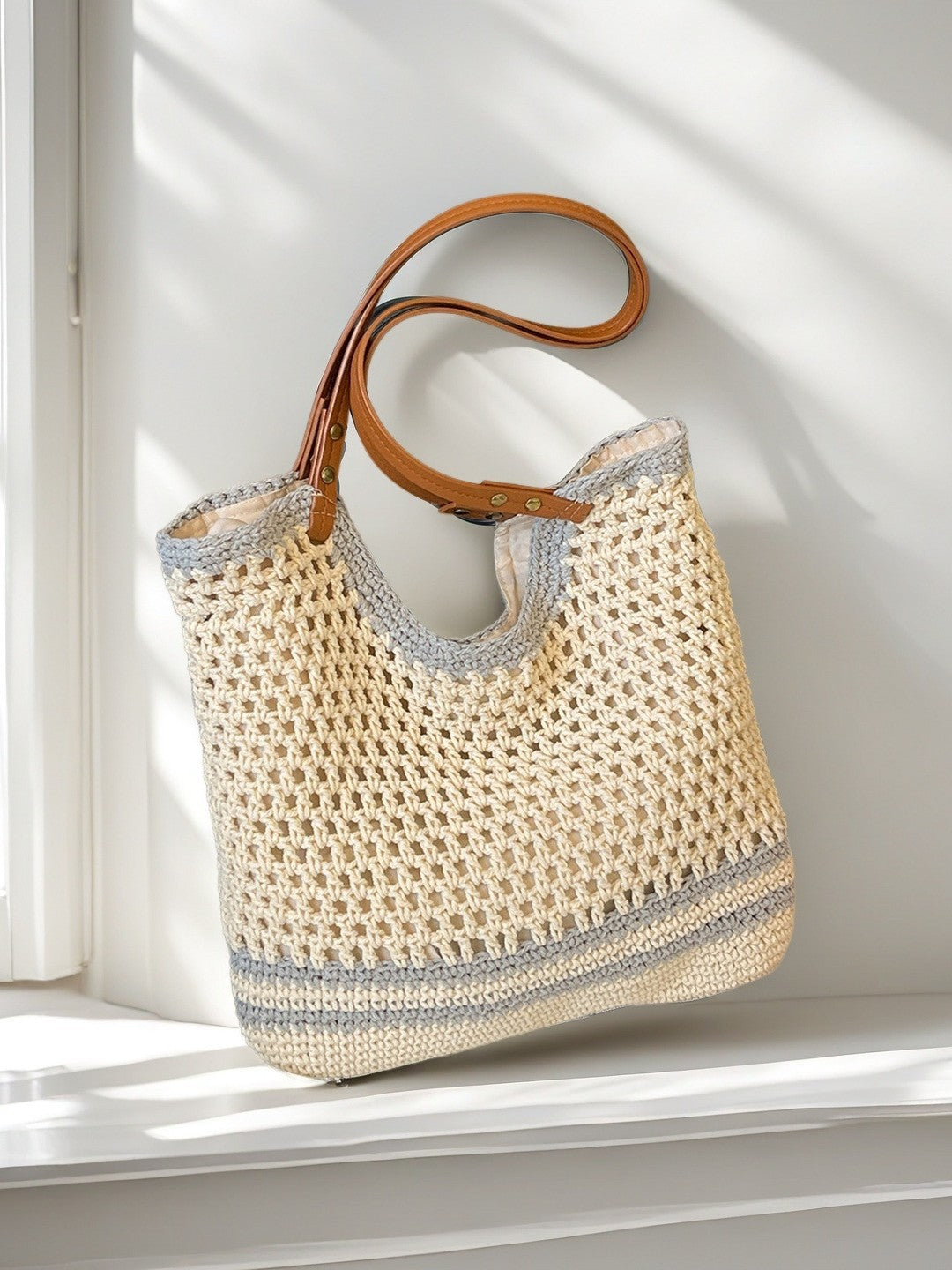 Hand-Woven Cotton Thread Shoulder Bag – Large Capacity Cut-Out Beach Handbag
