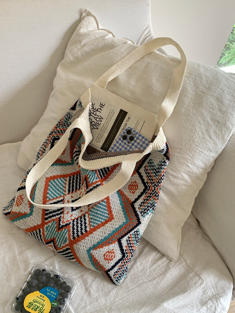 Knitted Color Block Woven Tote Bag for Women – Large Capacity Beach & Shopping Shoulder Bag