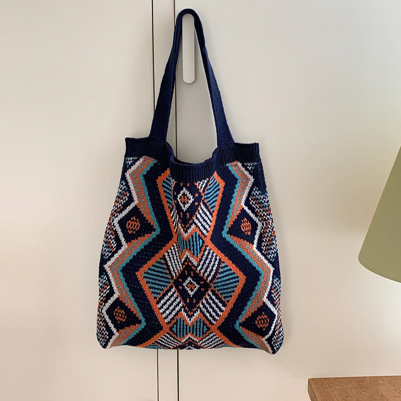 Knitted Color Block Woven Tote Bag for Women – Large Capacity Beach & Shopping Shoulder Bag