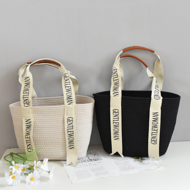 Urban Simple Letter Woven Cotton Tote Bag – Large Capacity Summer Beach Bag for Women