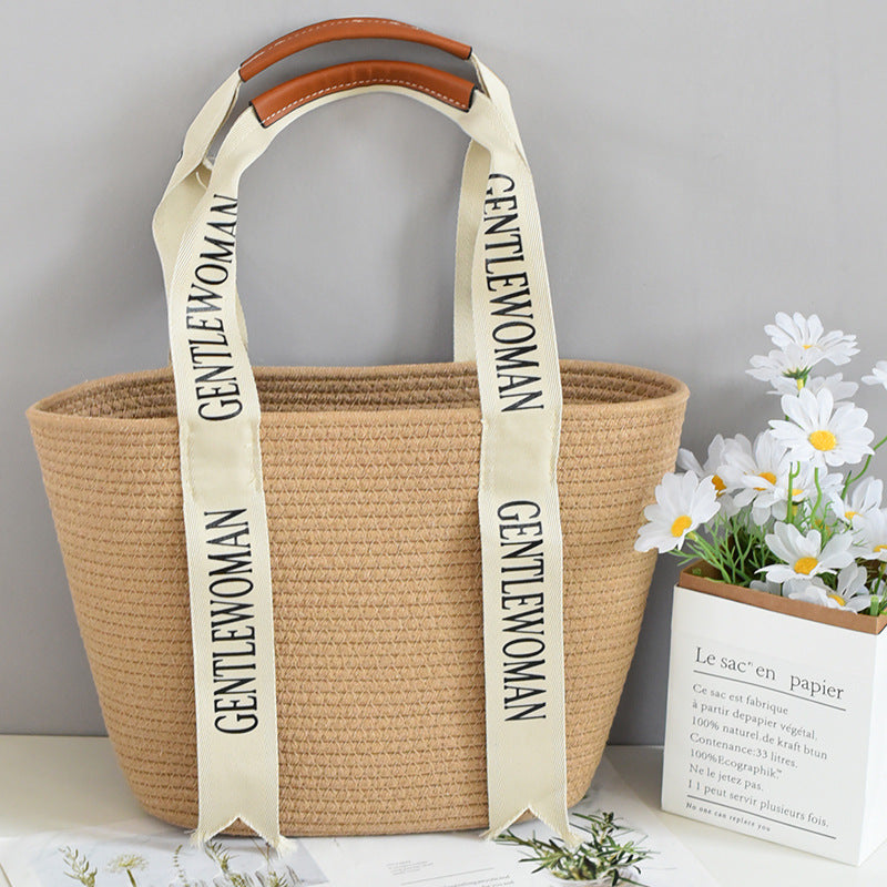 Urban Simple Letter Woven Cotton Tote Bag – Large Capacity Summer Beach Bag for Women