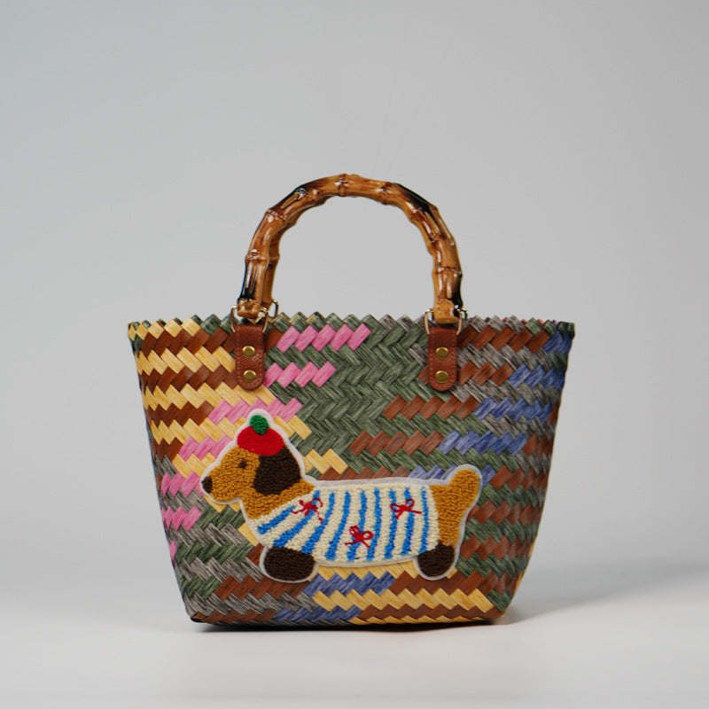 Dachshund Woven Rattan Basket Bag – Portable Commuter Beach Bag in Bamboo & Braided Styles