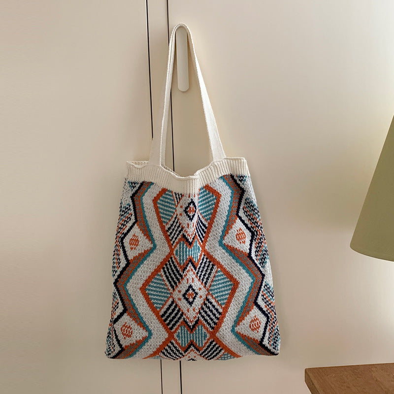 Knitted Color Block Woven Tote Bag for Women – Large Capacity Beach & Shopping Shoulder Bag