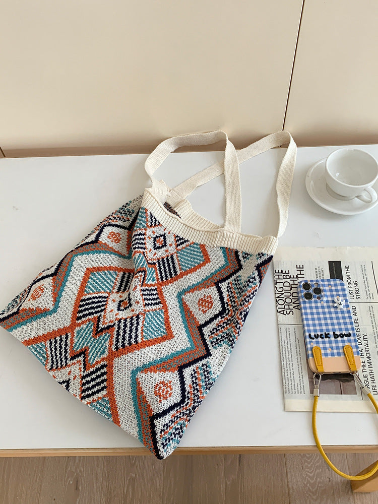 Knitted Color Block Woven Tote Bag for Women – Large Capacity Beach & Shopping Shoulder Bag