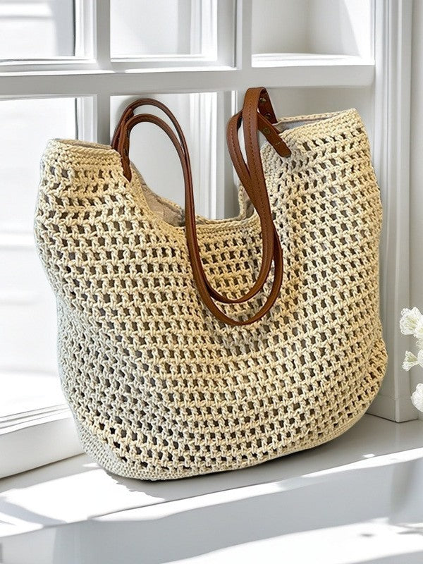 Hand-Woven Cotton Thread Shoulder Bag – Large Capacity Cut-Out Beach Handbag