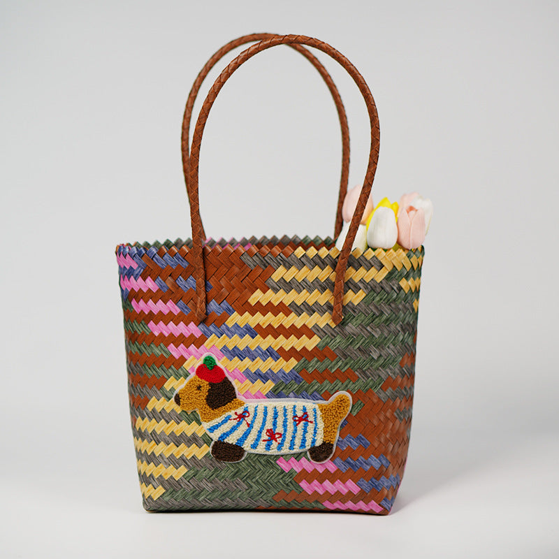 Dachshund Woven Rattan Basket Bag – Portable Commuter Beach Bag in Bamboo & Braided Styles