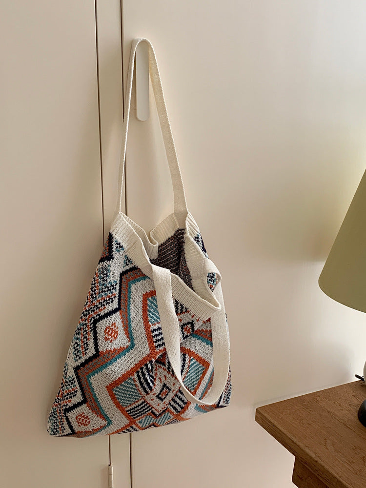 Knitted Color Block Woven Tote Bag for Women – Large Capacity Beach & Shopping Shoulder Bag