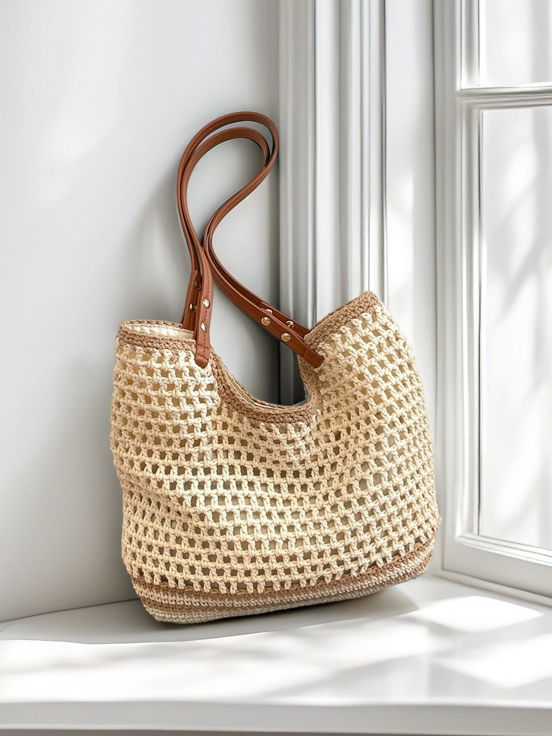 Hand-Woven Cotton Thread Shoulder Bag – Large Capacity Cut-Out Beach Handbag